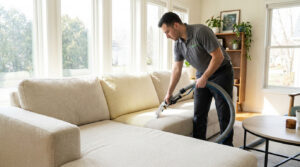 Un homme nettoie un grand canap&eacute; beige avec un appareil professionnel dans un salon lumineux.